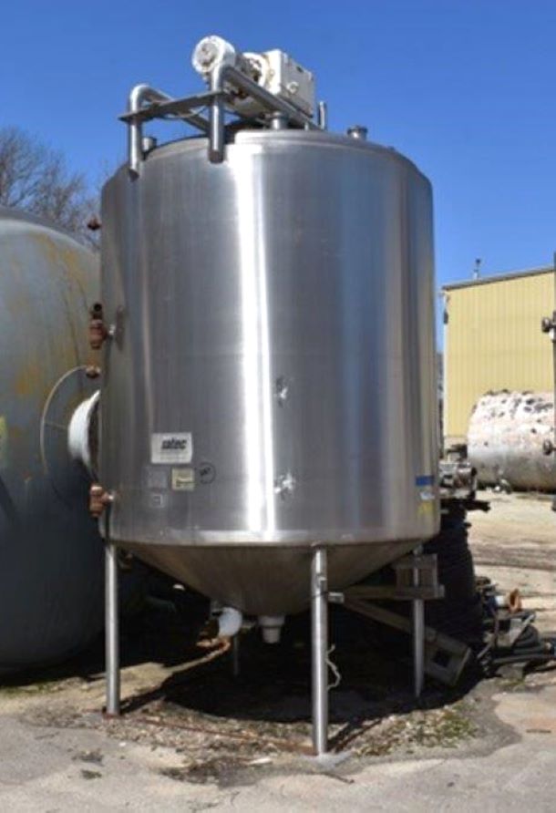 ***SOLD*** Used 2300 gallon Sanitary Construction Stainless Steel Jacketed Scrape Agitated Mix Tank/Kettle. Cone Bottom, Dish Top. Jacket rated 180 PSI @ 200 Deg.F.. 7.5 HP Bridge mounted agitator with side scrapers blades. Built by Viatec Processing Equipment. 6' Dia.x 10' T/T. National Board # 8519. Built 2001.  
